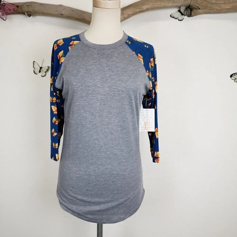 Lularoe Randy gray with blue butterfly sleeves